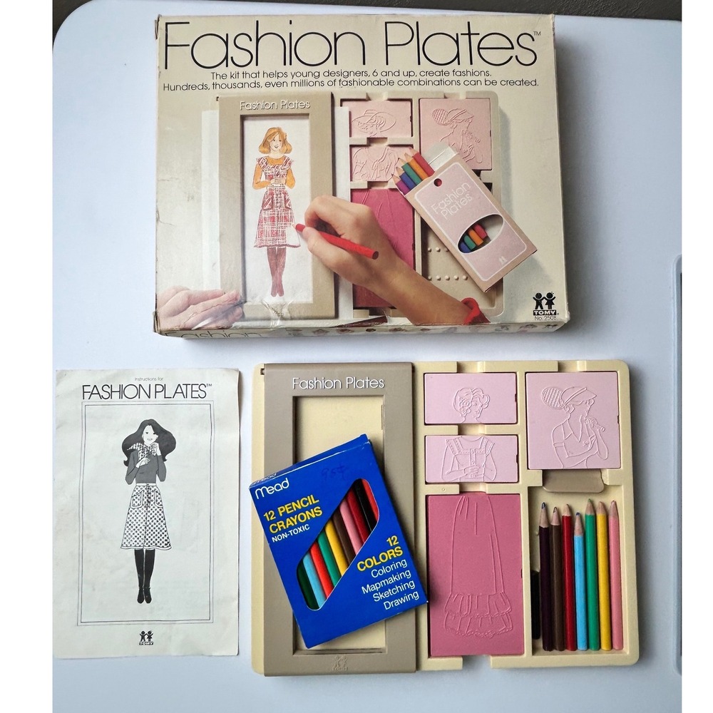 Tomy Fashion 15 Plates Kit 2508 Retro Drawing Toy Set Boxed Vintage 1978 Pencils